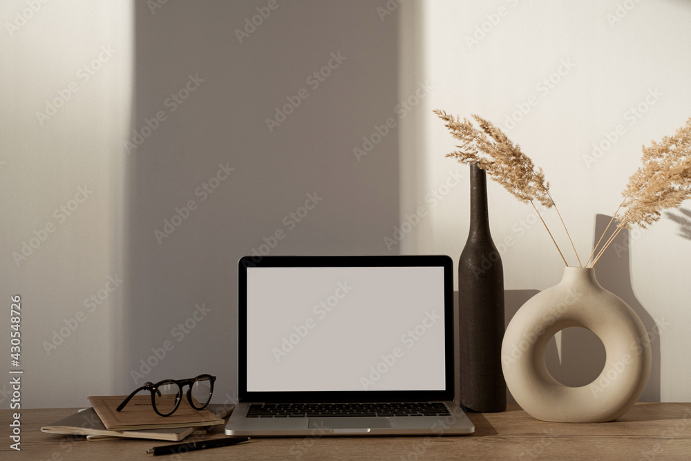 Aesthetic home office desk workspace with sunlight shadows on the wall.  Blank screen laptop computer with copy space. Glasses, pampas grass in  stylish vase on wooden table. Influencer lifestyle blog Photos