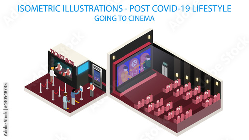 New normal life style in Cinema, wearing mask and social distancing. Isometric detailing view point.