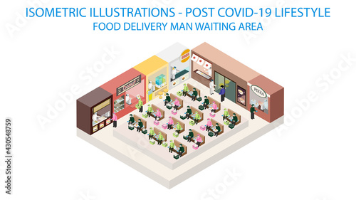 New normal life style in Take away delivery area, wearing mask and social distancing. Isometric detailing view point.