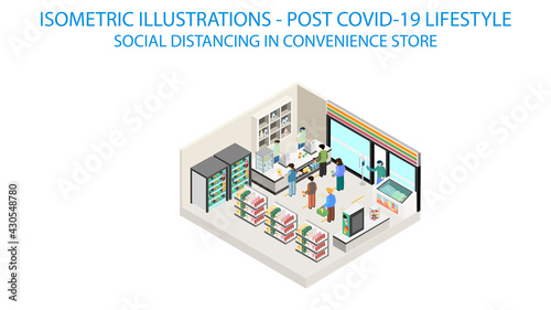 New normal life style in Convenience store, wearing mask and social distancing. Isometric detailing view point.