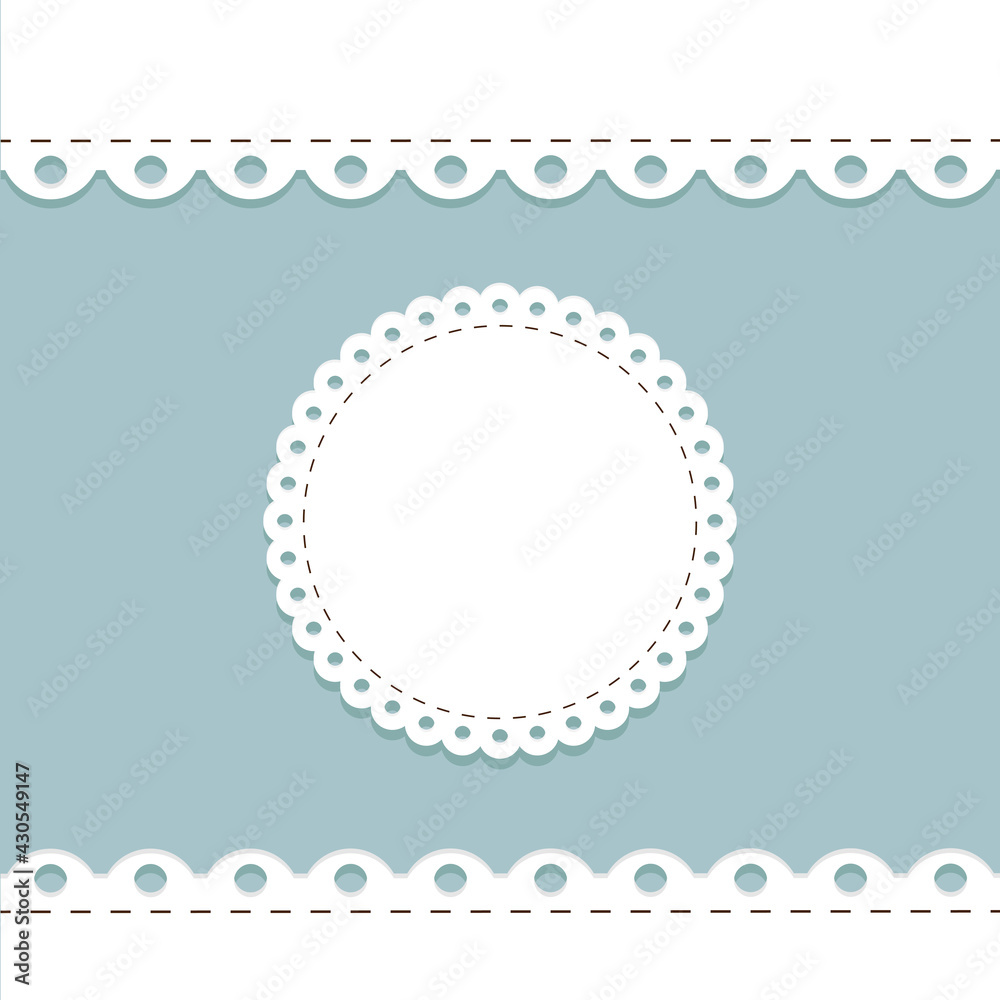lacy frame and border template. cute round doily on blue background with scallop border. cute template for baby shower, wedding and scrapbooking design. lace decoration element for vintage albums. - obrazy, fototapety, plakaty 