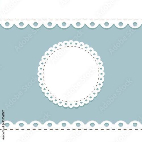 lacy frame and border template. cute round doily on blue background with scallop border. cute template for baby shower, wedding and scrapbooking design. lace decoration element for vintage albums. photo