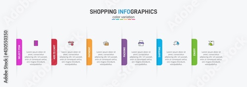 Concept of shopping process with 6 successive steps. Six colorful graphic elements. Timeline design for brochure, presentation, web site. Infographic design layout.