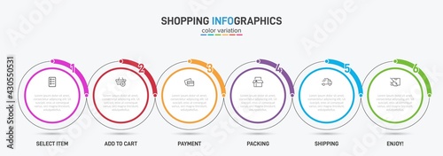 Concept of shopping process with 6 successive steps. Six colorful graphic elements. Timeline design for brochure, presentation, web site. Infographic design layout.