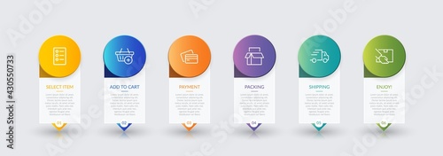 Concept of shopping process with 6 successive steps. Six colorful graphic elements. Timeline design for brochure, presentation, web site. Infographic design layout.