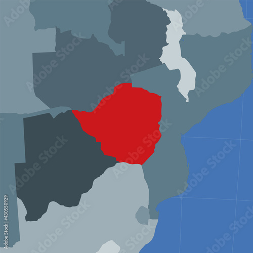 Shape of the Zimbabwe in context of neighbour countries. Country highlighted with red color on world map. Zimbabwe map template. Vector illustration.