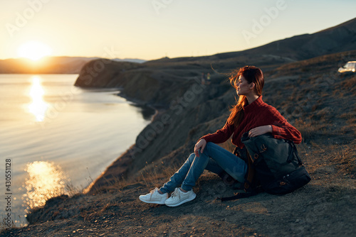 Fototapeta Naklejka Na Ścianę i Meble -  woman outdoors recreation sunset horizon freedom adventure