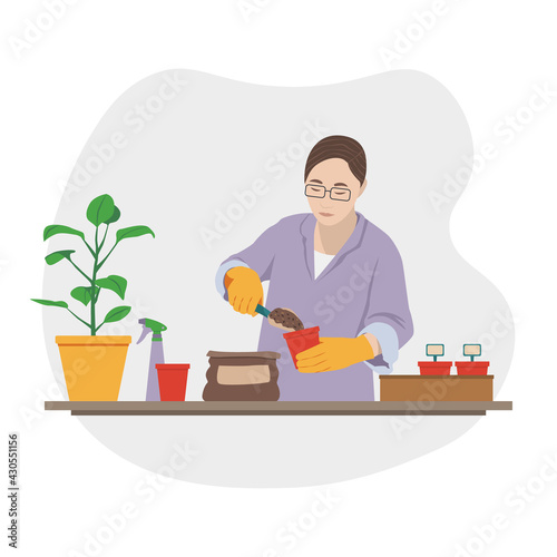 Home garden. The woman is planting seeds, seedlings. Vector image of a man working with the earth at home.