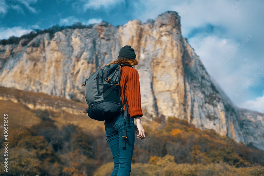 woman tourist with backpack on nature autumn season travel woman tourist with backpack on nature autumn season travel