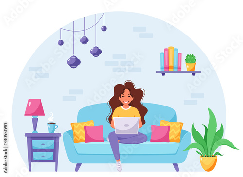 Woman sitting on a sofa and working on laptop. Freelancer, home office concept. Vector illustration