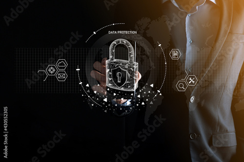 Cyber security network. Padlock icon and internet technology networking. Businessman protecting data personal information on tablet and virtual interface. Data protection privacy concept. GDPR. EU