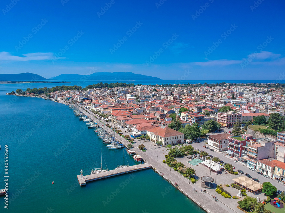 Aerial view over the seaside Preveza city port in Epirus, Greece
