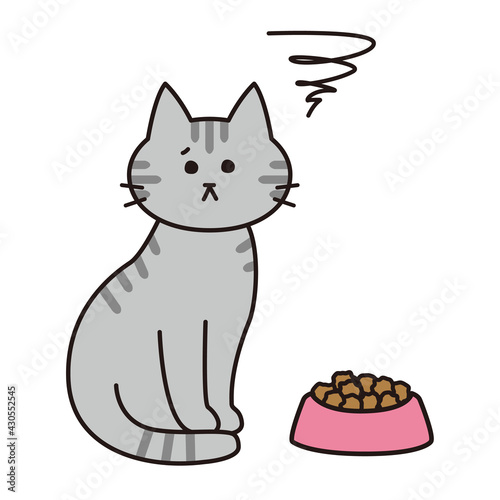キャットフードに不満がある表情をしたサバトラ猫