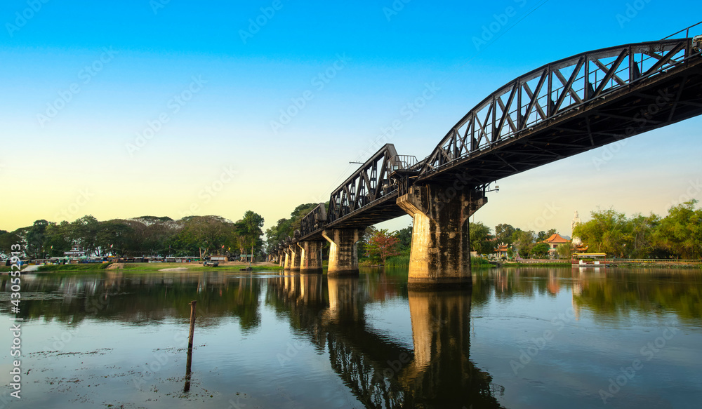 River Kwai bridge with the blue sky in Kanchanaburi is the wonderful place