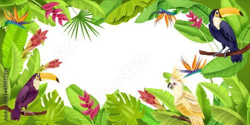 Jungle tropical frame, exotic green paradise border, toucan, parrot, banana leaves, flowers, monstera. Rainforest wild nature, floral Hawaii illustration, environment design. Jungle frame thick bushes