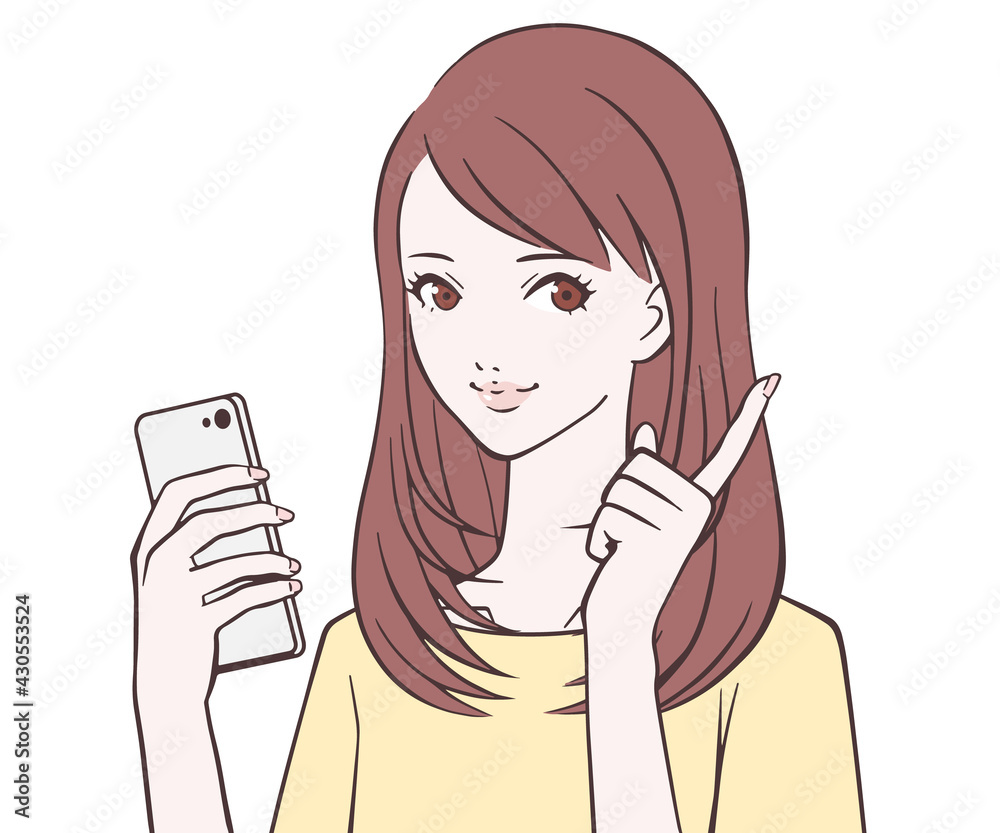 スマホを持ち、人差し指を立てる女性