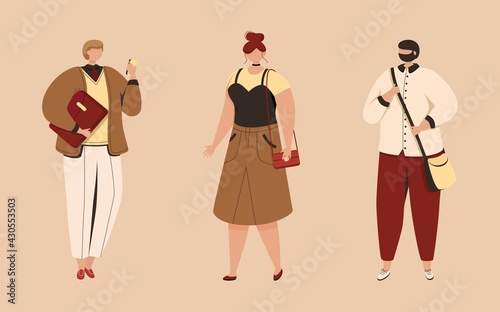 Set of young diverse people standing together in fashionable clothes. Collection of happy teenagers wearing trendy apparel isolated on pink background. Flat vector illustration.