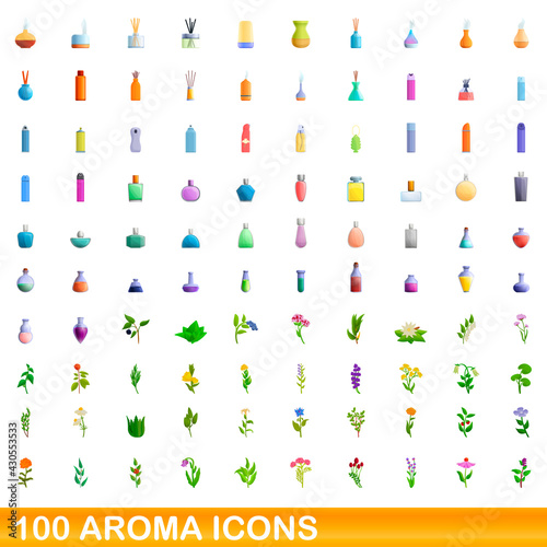 100 aroma icons set. Cartoon illustration of 100 aroma icons vector set isolated on white background