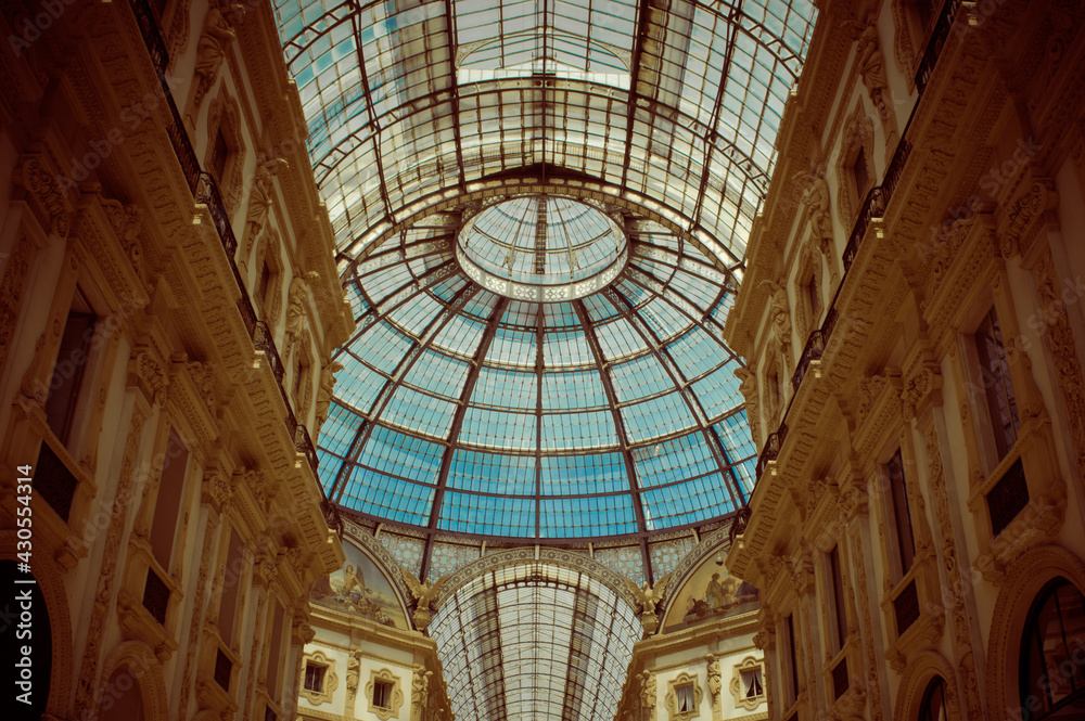 Glass dome of the Galleria Vittorio Emanuele II in Milan, Lombardy, Italy.
