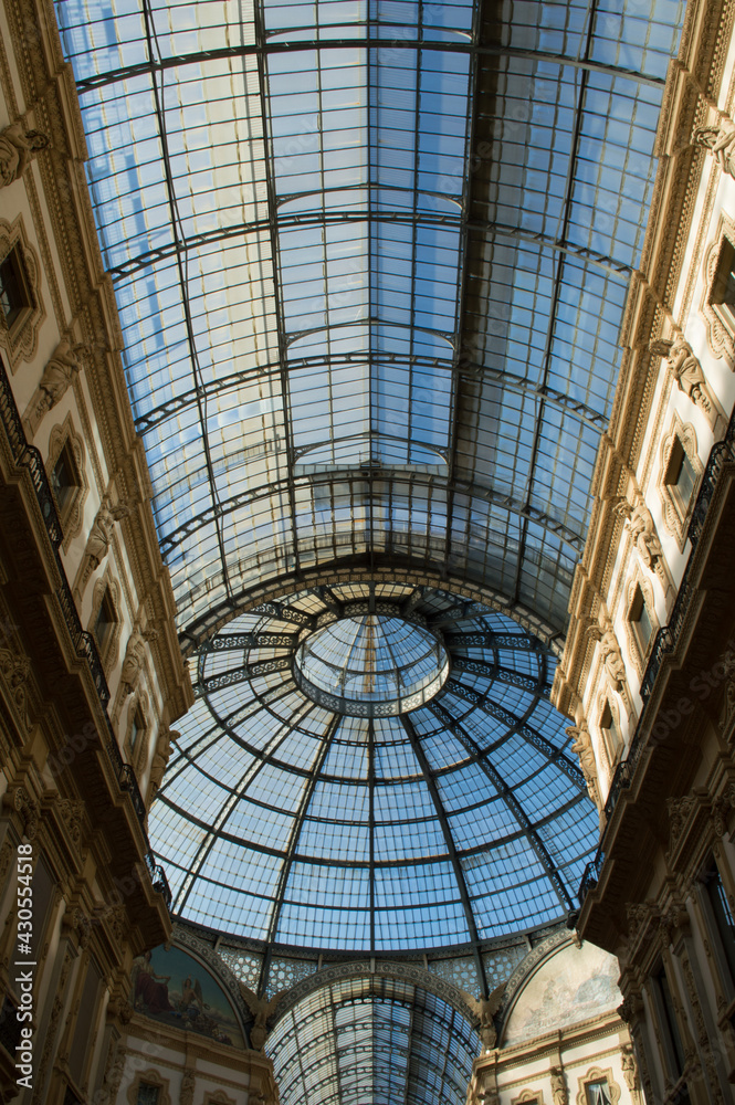 Glass dome of the Galleria Vittorio Emanuele II in Milan, Lombardy, Italy.