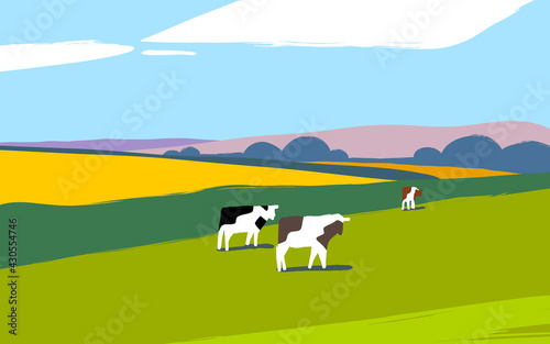 Rural landscape with grazing cows cartoon flat style illustration. Beautiful view of fields. Eco concept product backgrounds. 