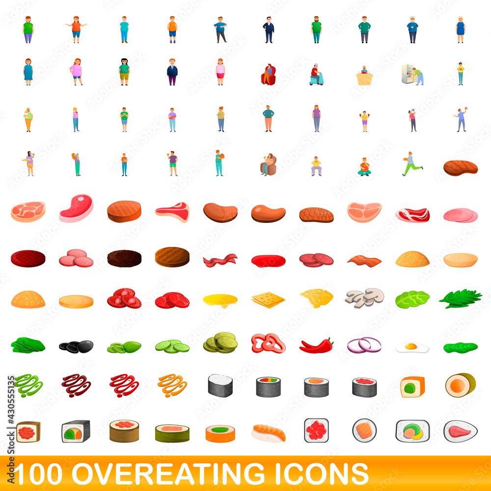 100 overeating icons set. Cartoon illustration of 100 overeating icons vector set isolated on white background