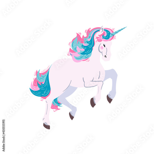 Vector illustration with galloping unicorn. White unicorn with pink and blue hair, isolated on white. 