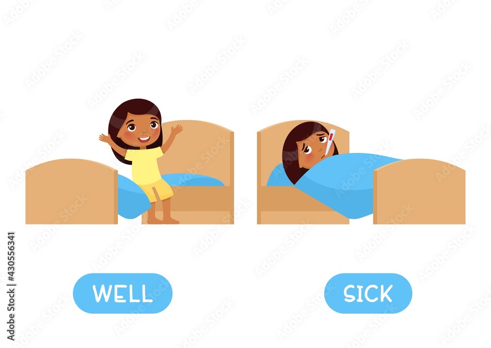 WELL and SICK antonyms flashcard, Opposites concept. Word card for