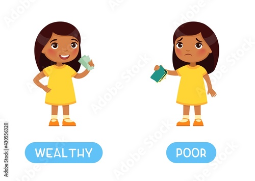 WEALTH and POOR antonyms word card, Opposites concept. Flashcard for English language learning. Indian girl with banknotes in his hands, Dark skin child with an empty wallet.