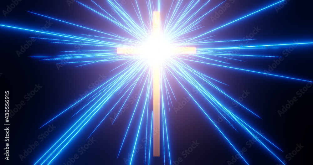 Obraz premium Render with a cross on a background of blue glowing rays
