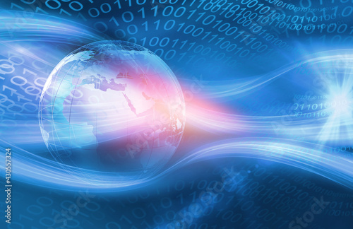 Graphical digital technology world background, waving lines passing through digital space.