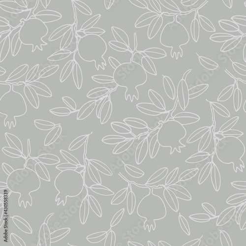 Seamless pattern. Pomegranate tree branches with fruit. White outlined vector illustration on dark blue background