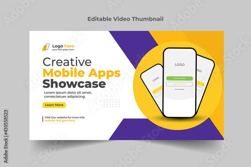 Editable mobile apps showcase thumbnail design for any videos.social media video cover photo layout design