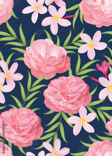 Seamless pattern of rose flower and plumeria background template. Vector set of floral element for wedding invitations, greeting card, brochure, banners and fashion design.