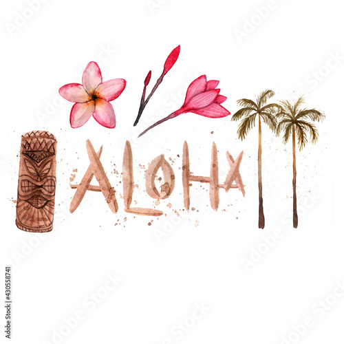 Hawaiian simbols - Luau, Aloha, Tiki, palm tree, Plumeria. Watercolor illustration. Isolated on white. photo