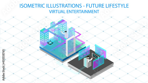 The future virtual home entertainment. The Future world series of isometric illustration in detail.