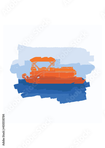 Editable Vector of Side View Pontoon Boat With Water and Sky Illustration in Flat Brush Strokes Style for Artwork Element of Transportation or Recreation Related Design