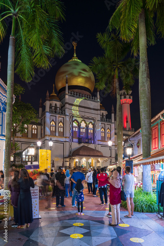 Illuminated Sultan Mosque (Masjid Sultan) at Kampong Glam, Singapore