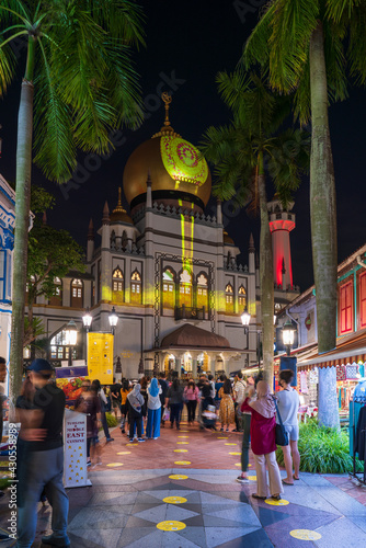 Illuminated Sultan Mosque (Masjid Sultan) at Kampong Glam, Singapore