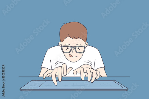 Playing video games concept. Portrait of young student playing video game crazy geek in glasses typing on keyboard vector illustration 