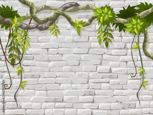 Wall, branches liana, ivy. Brickwork and plants jungle. Old shabby house facade painted white stucco. Vector isolated illustration.