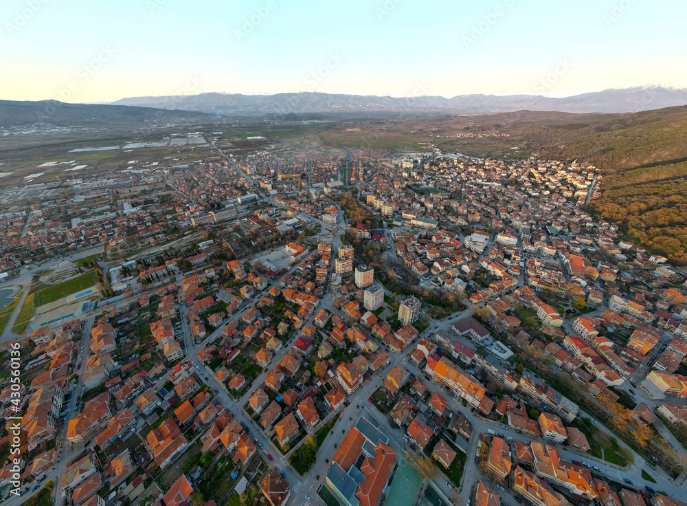 Aerial sunset panorama of town of Petrich, Bulgaria