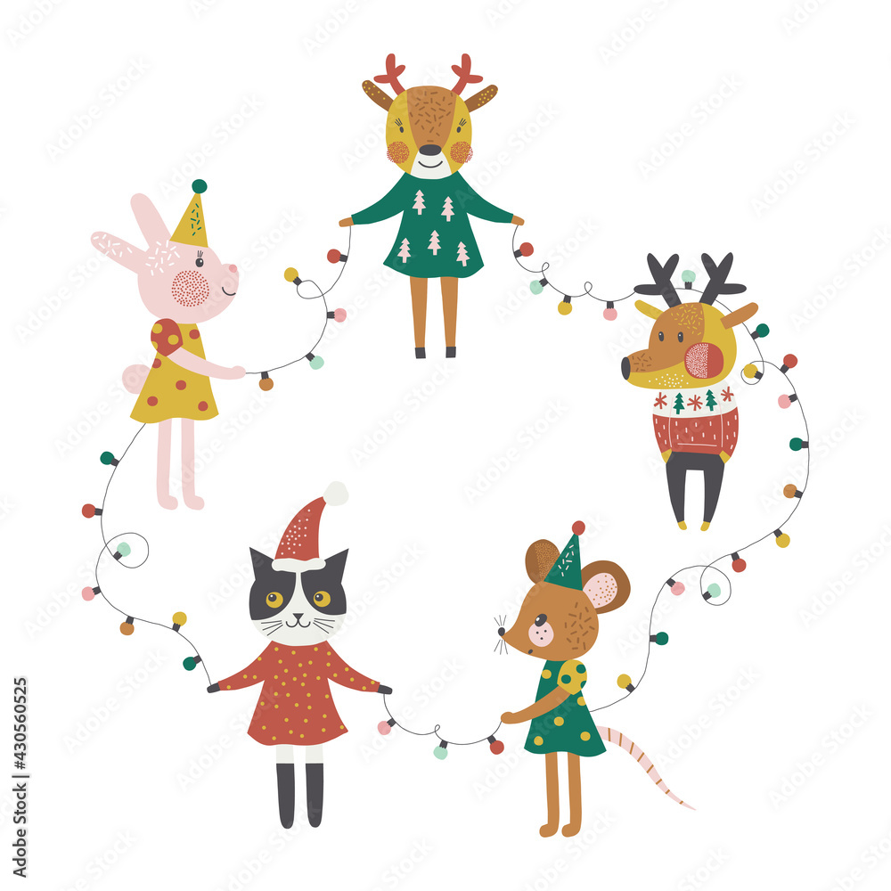 Christmas animals with party garland vector illustration isolated on white background. Holly Cute Bunny Cat Mouse Dear Xmas clipart for kids. Seasonal winter holidays animalistic print design 