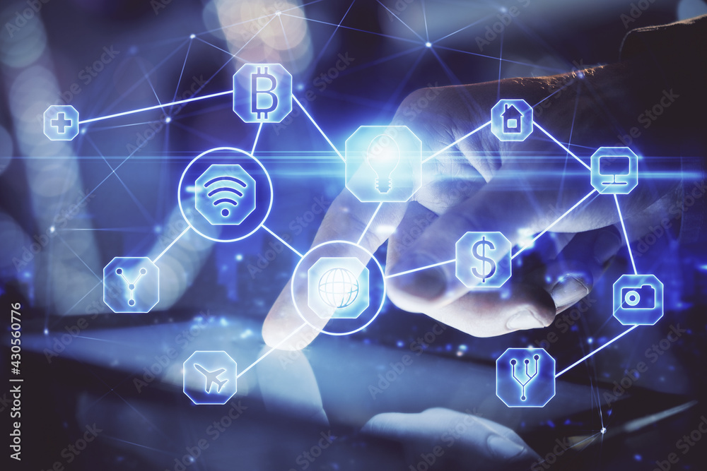 Double exposure of man's hands holding and using a phone and social network theme drawing. Double exposure of man's hands holding and using a phone and social network theme drawing.