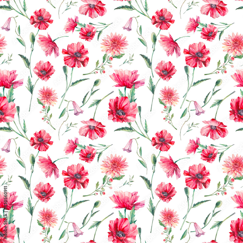 Red poppy flowers seamless pattern. Hand painted repeating background with floral elements on white background. Botanical texture