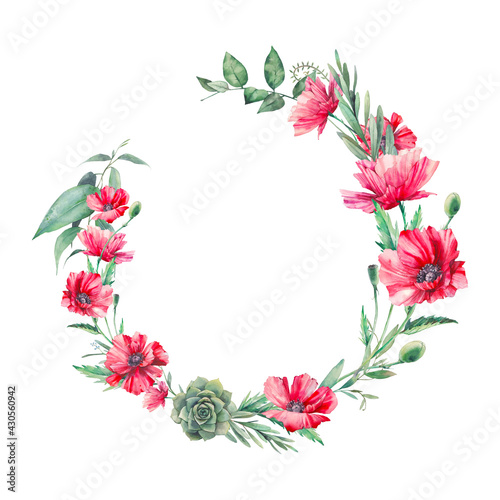 Watercolor red flowers, greenery, poppies and eucalyptus branches wreath. Floral logo: round frame isolated on white background.