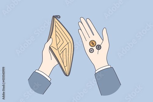 Poverty, little budget concept. Top view of human hands holding purse with few coins little money small budget for living vector illustration 