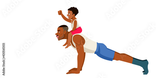 Strong african american man doing push up. Father doing exercising and playing with son. Concept Fatherhood child-rearing. Vector flat cartoon illustration isolated on white background