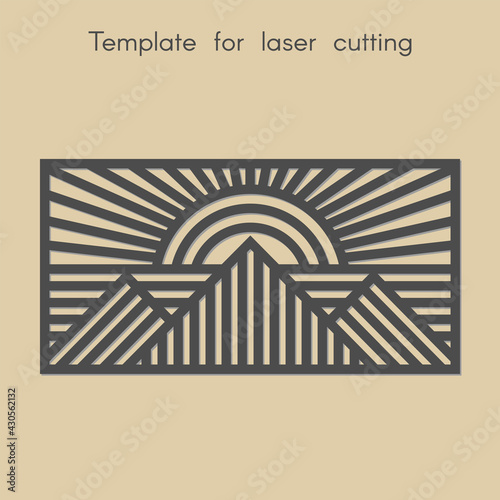 Template for laser cutting. Stencil for panels of wood, metal. Geometric abstract picture with sun and mountains for cut. Vector illustration. Decorative stand.