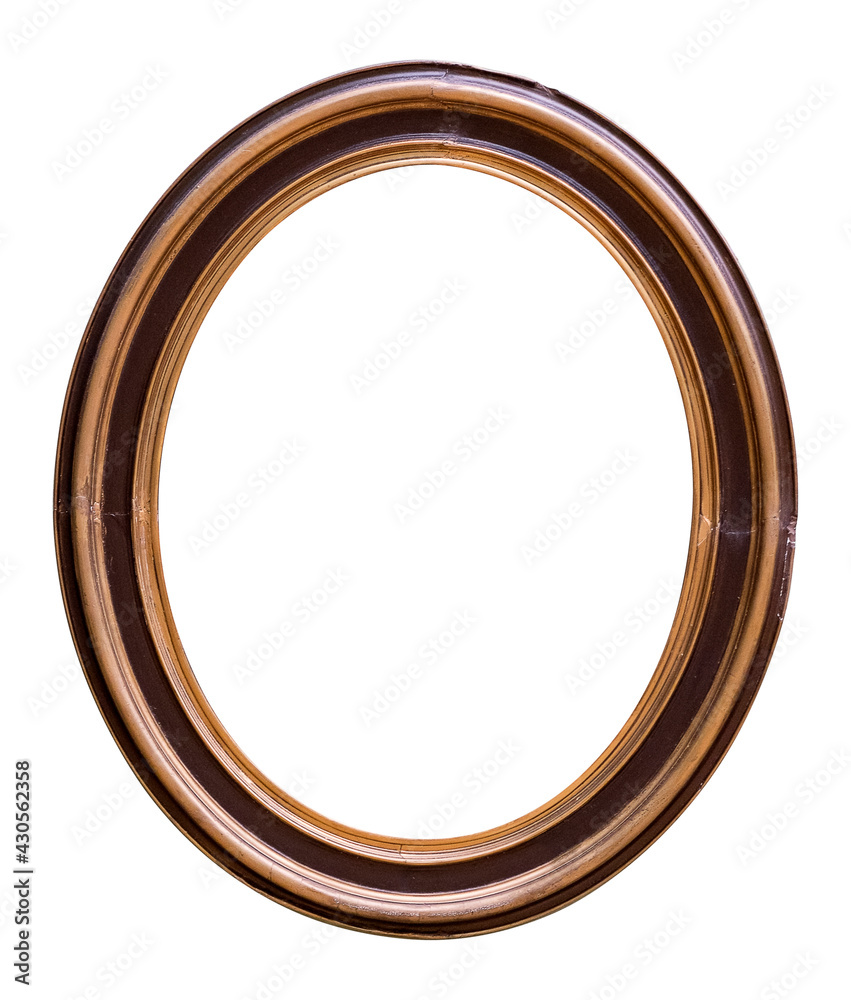 Wooden oval frame for paintings, mirrors or photo isolated on white background. Design element with clipping path Wooden oval frame for paintings, mirrors or photo isolated on white background. Design element with clipping path